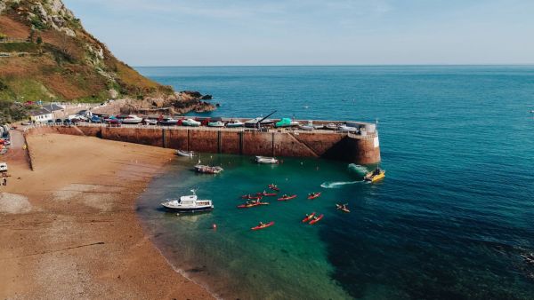 Aerial shot of a group of kayakers in Bonne Nuit bay